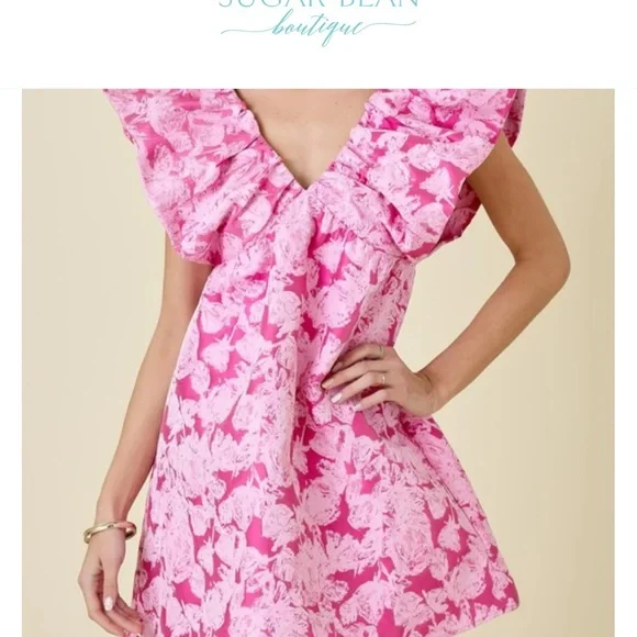 Pink Floral Ruffle V-Neck Mini Dress - Picture 7 of 7